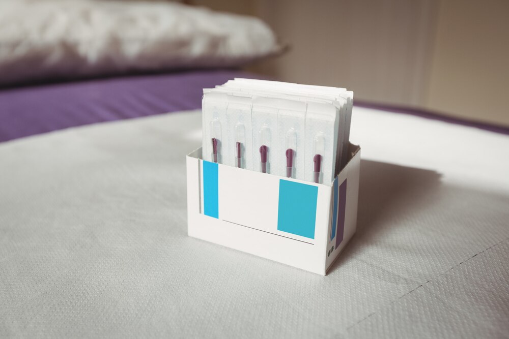 Close-up of dry needles in box